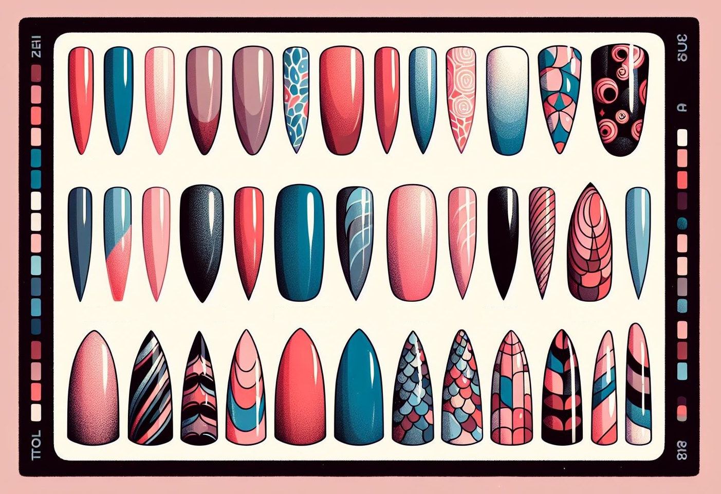 Conjunto de unhas postiças coloridas e decoradas em várias fileiras