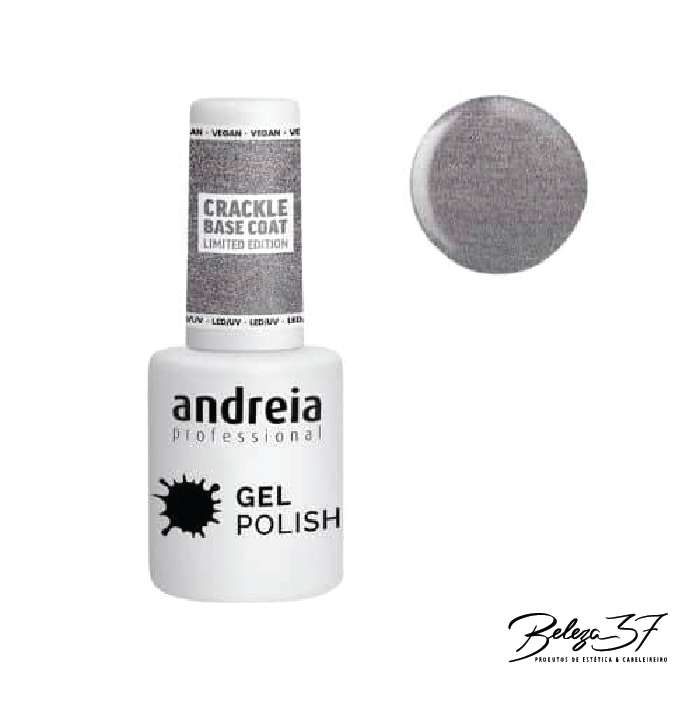 Verniz Gel Andreia Crackle Effect Base - CBS - Prateado Verniz gel 'Crackle Base Coat' da Andreia Professional com amostra da cor craquelada cinza.