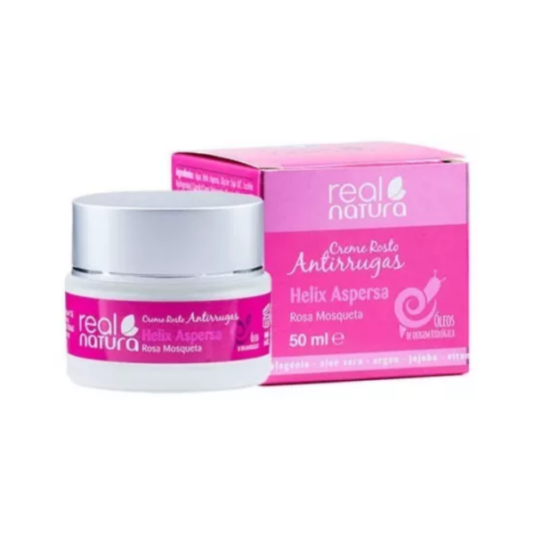 Creme antirrugas Real Natura Helix Aspersa rosa mosqueta 50 ml com embalagem branca e caixa rosa