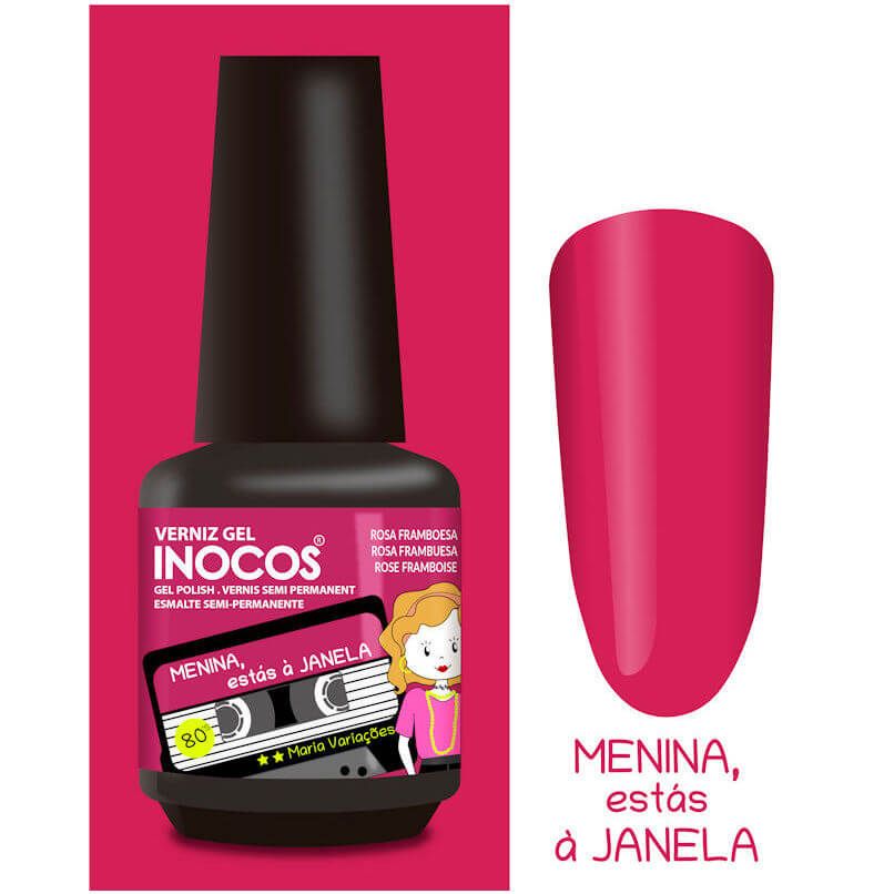 Verniz Gel Inocos – 211 - Menina, Estás à Janela (Rosa Framboesa) Frasco de verniz gel INOCOS rosa framboesa com amostra da cor e texto