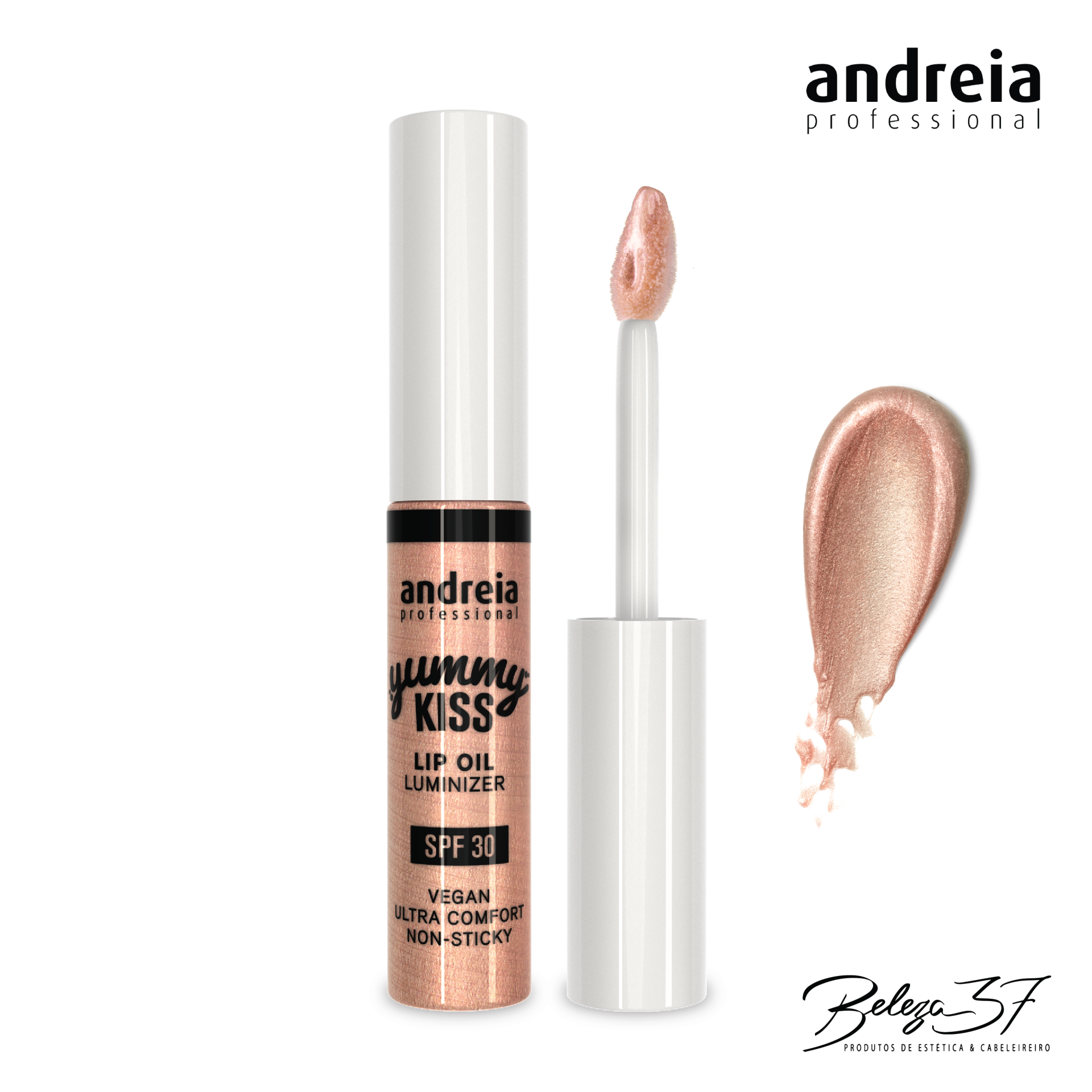 Iluminador para Lábios Andreia Yummy Kiss Lip Oil - 04 Perfect Nude Gloss labial líquido rosa metálico Andreia Professional com aplicador e embalagem branca