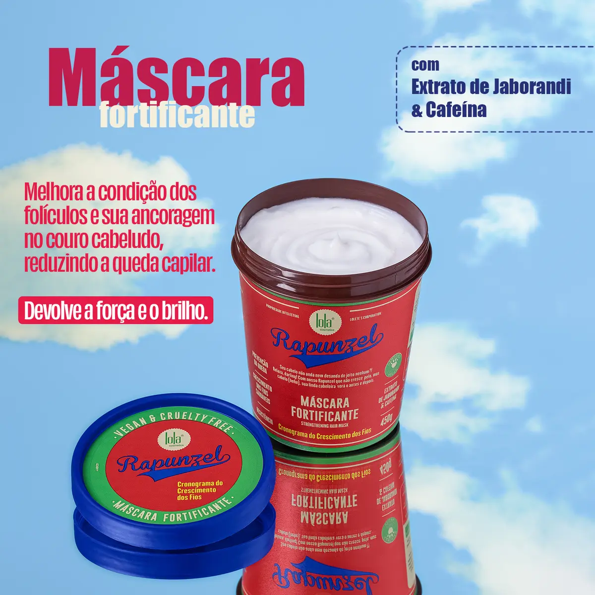 Rapunzel Máscara 450g - Lola Cosmetics Máscara Fortificante Rapunzel da Lola Cosmetics em embalagem vermelha com tampa azul com texto em português
