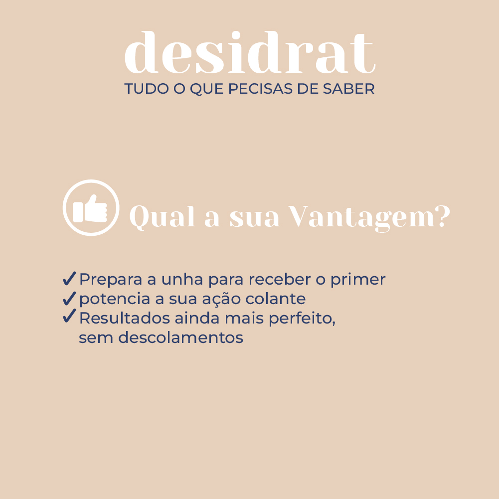 Vitamin Desidrat INOCOS - Desidratante Suave de Unha Texto em fundo bege claro sobre vantagens de desidrat para unhas, com ícone de polegar para cima
