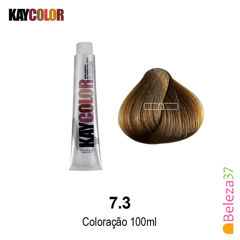KayColor Coloração 100ml - Cor 7.3 Tubo de tinta para cabelo KayColor e amostra de cor castanho claro 7.3