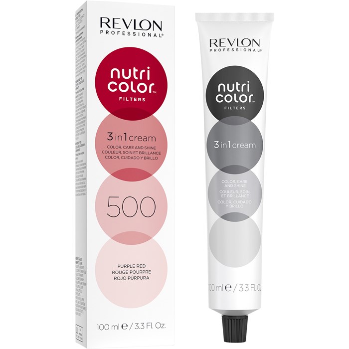 Embalagem e tubo de creme Revlon Nutri Color Filters 3 in 1 cream 500 Purple Red