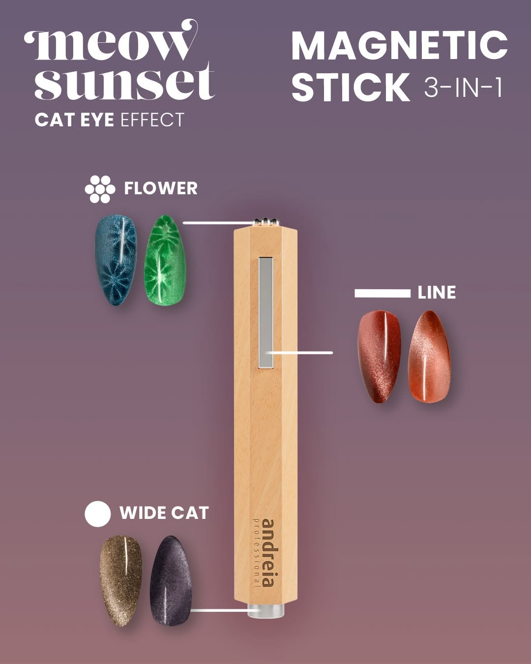 Coleção Andreia CAT EYE EFFECT (MW1 ao MW6) Stick magnético de madeira para efeito cat eye com amostras coloridas de unhas