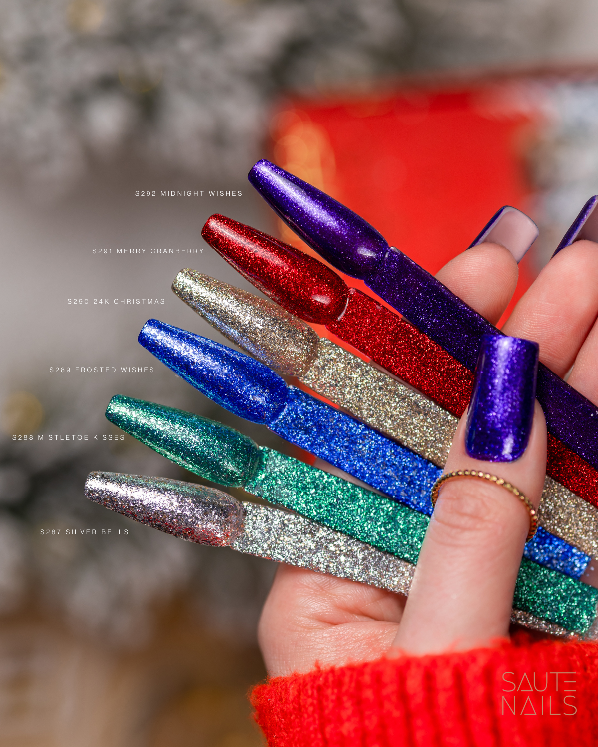 Coleção de Verniz Gel Saute Nails "Holiday Magic" Unhas artificiais de glitter coloridas seguras por mão com unha natural roxa glitter e manga vermelha