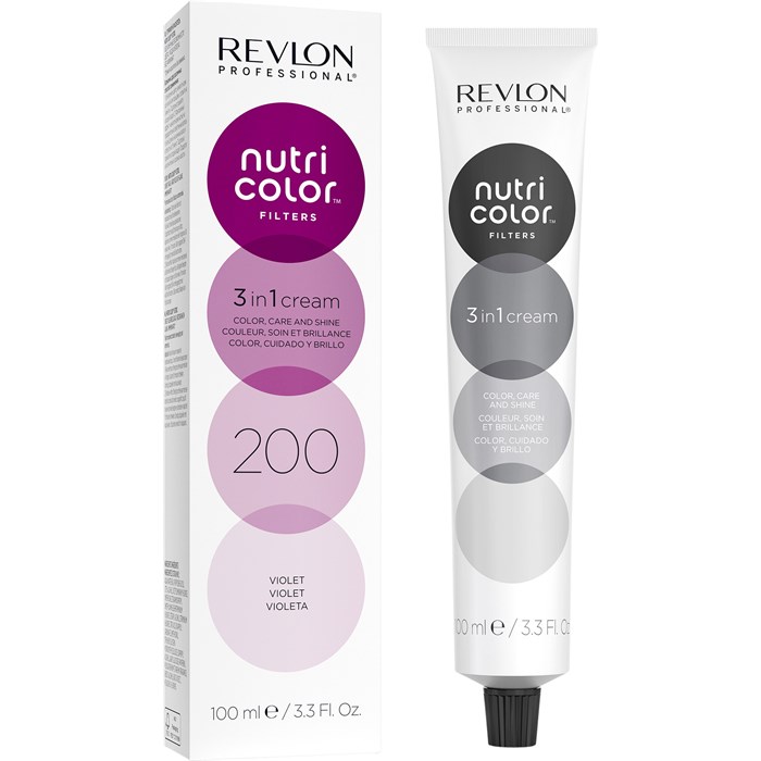 Embalagem e tubo do creme Nutri Color Filters 3 in 1 da Revlon Professional, cor violeta, 100 ml