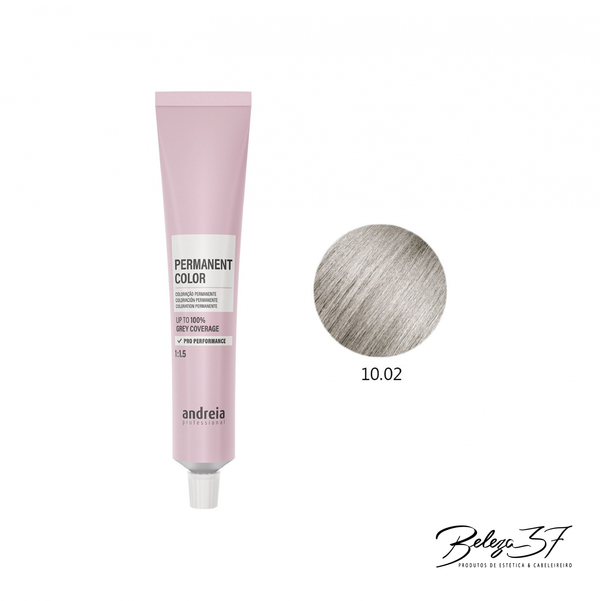 Coloração Permanente Andreia 10.02 tubo de coloração permanente para cabelo cor 10.02 rosa claro com texto preto e branco e amostra da cor cinza prateado