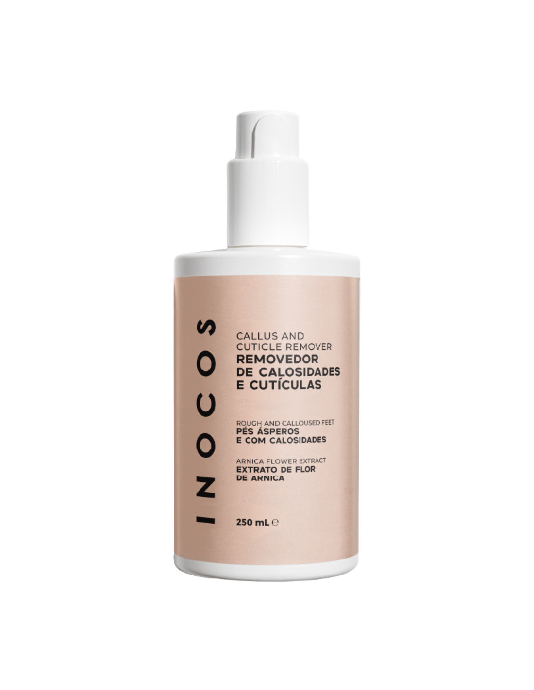 Removedor de Cutículas e Calosidades Especial Pés Inocos 250ml Frasco branco com tampa de bomba e rótulo cor de rosa de removedor de calosidades e cutículas