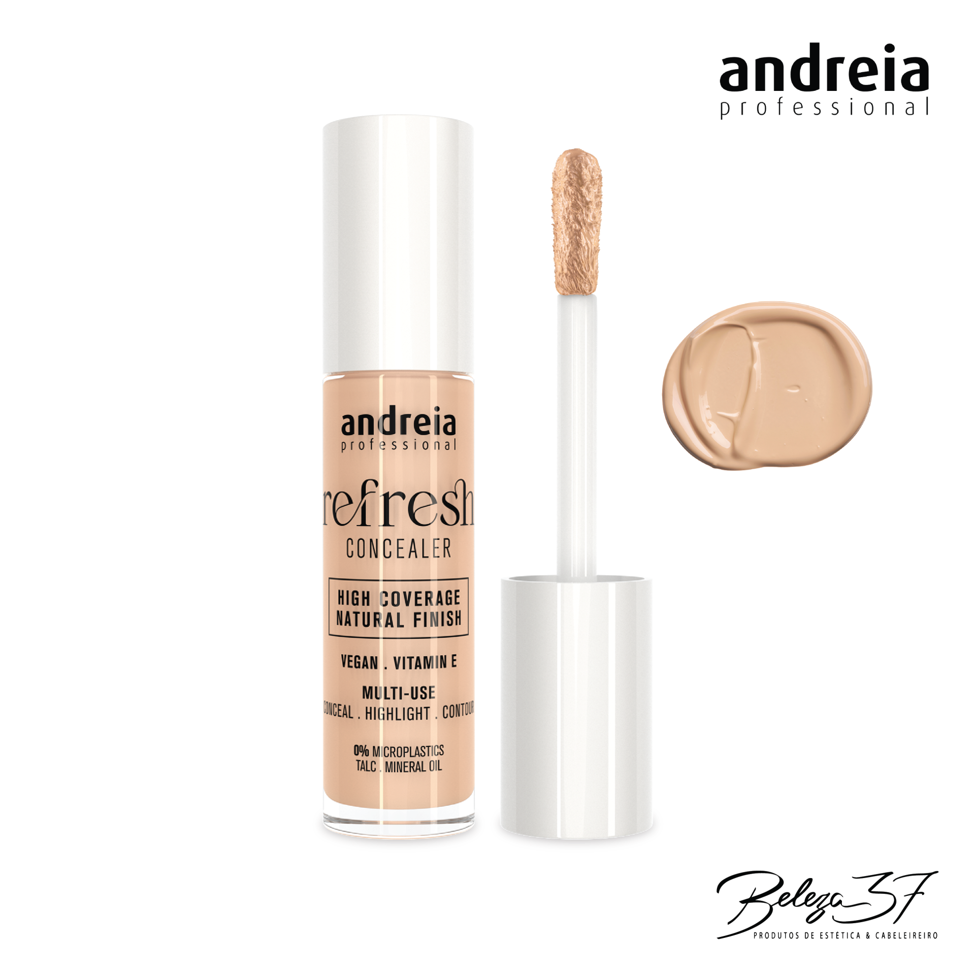 Corrretor Refresh Concealer Andreia 03 - Ouatmeal Corretor líquido Andreia Professional Refresh Concealer em embalagem transparente com tampa branca