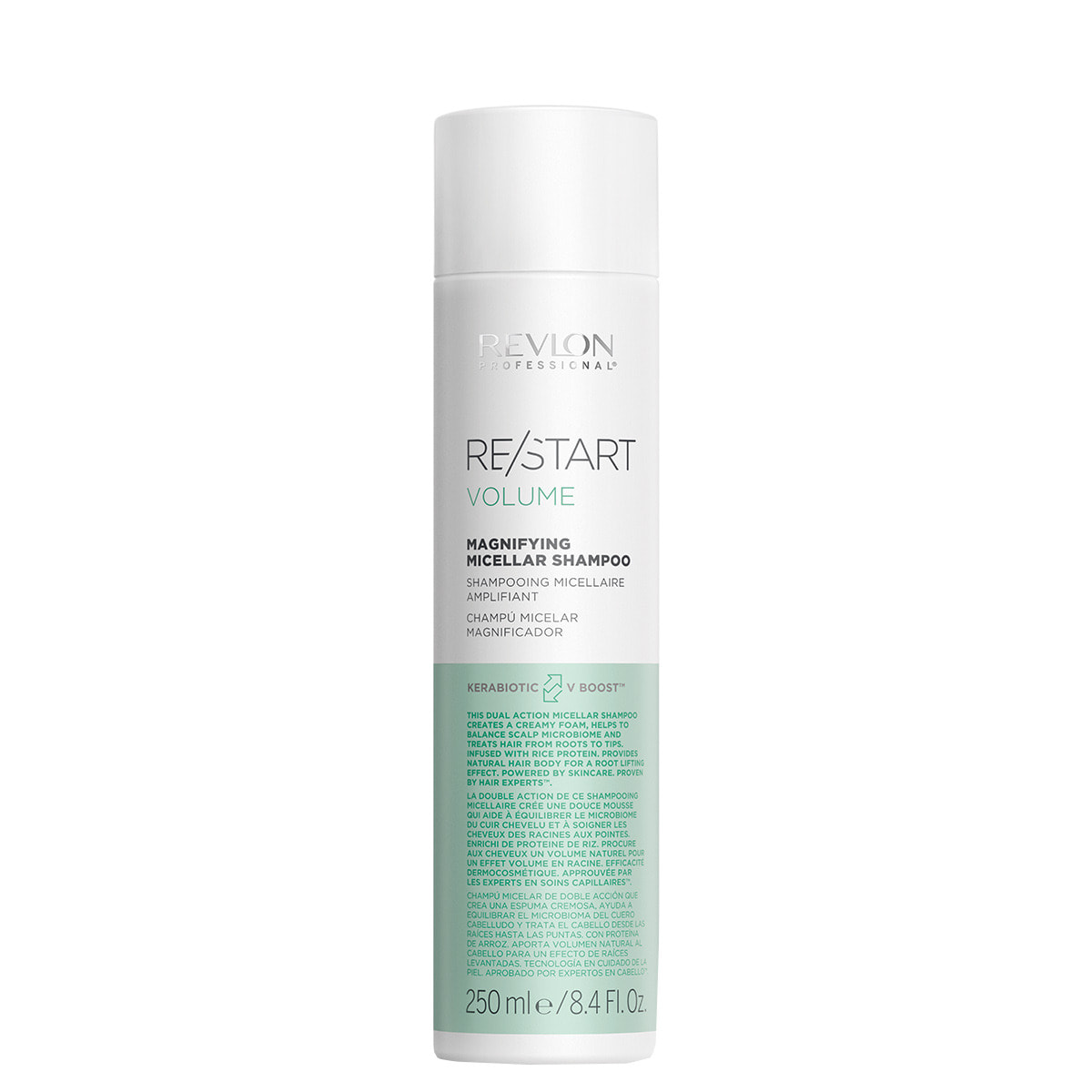 Frasco branco de shampoo Revlon RE/START VOLUME com textos pretos e verdes