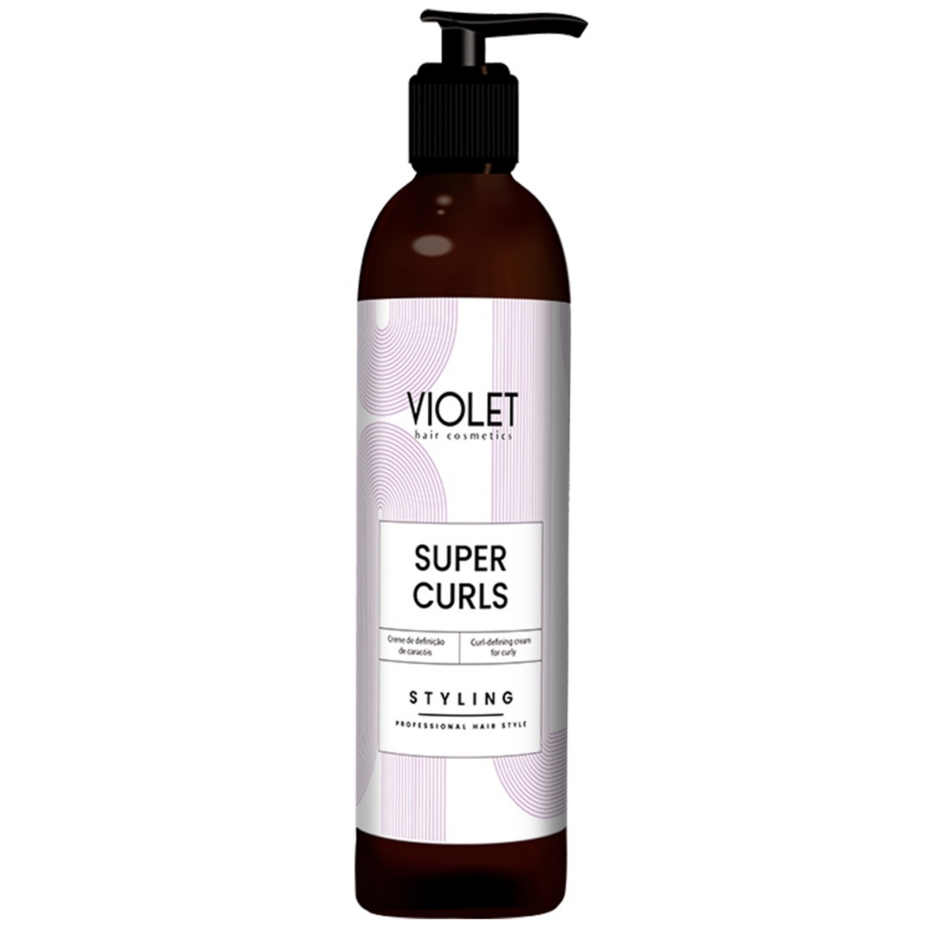 Violet Super Curls 250 ml Frasco de creme para cabelo Super Curls da Violet com bomba e rótulo branco e violeta