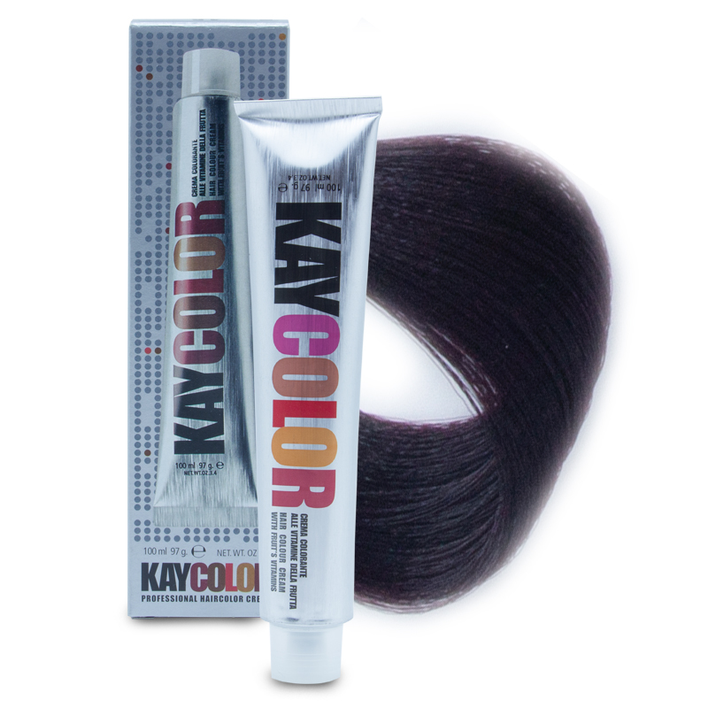 KayColor Coloração 100ml - Cor 2.22 Tubo prateado de tinta de cabelo Kay Color e amostra de cabelo castanho escuro arroxeado