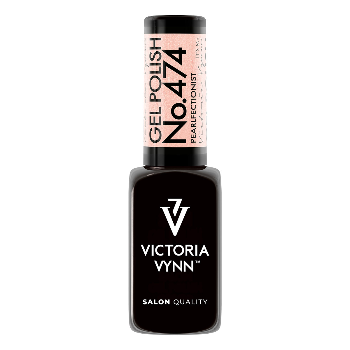 Victoria Vynn 474 – Pearlfectionist (Rosa Suave Iridescente) Frasco de verniz gel preto Victoria Vynn com tampa preta e etiqueta rosa claro