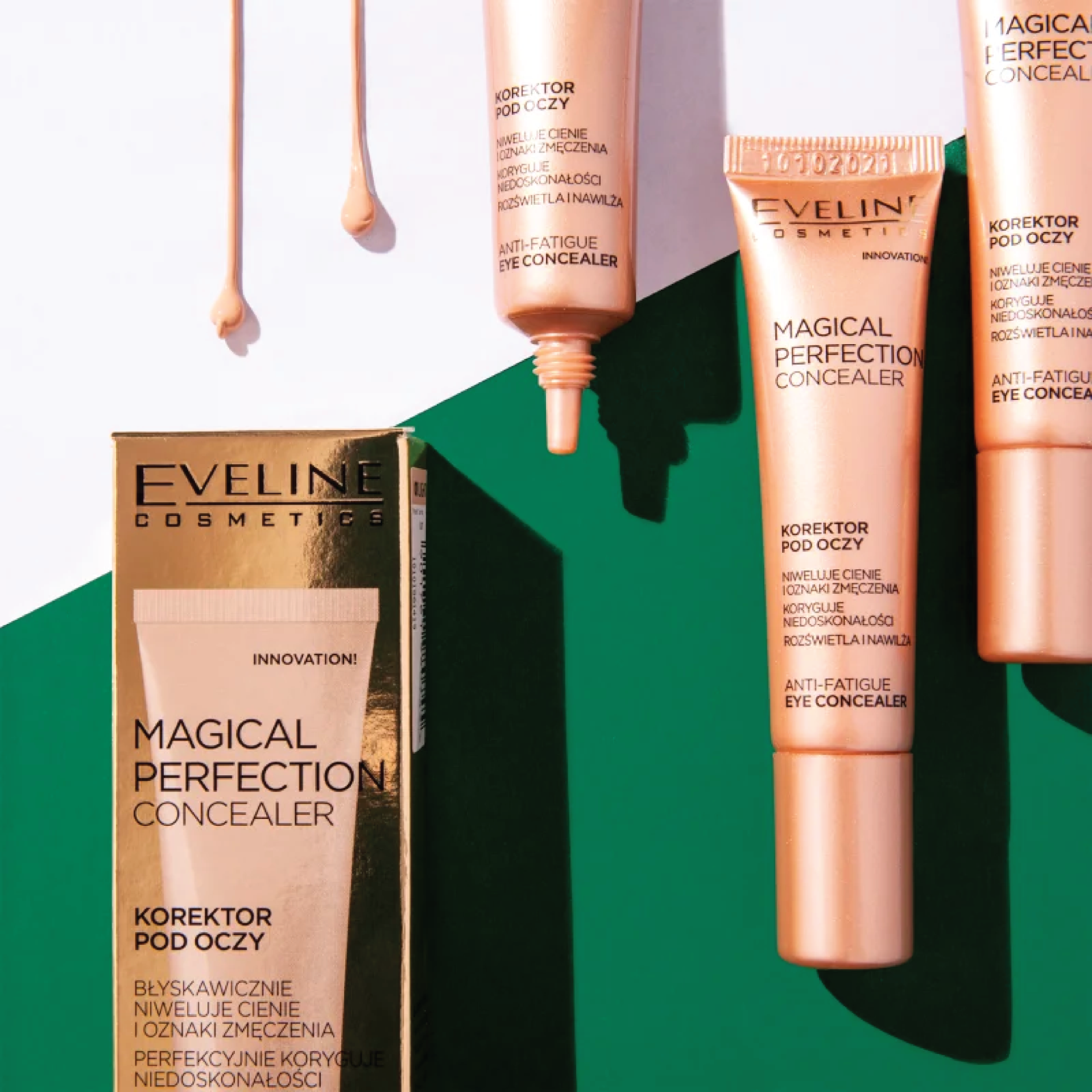 Eveline Magical Perfection Eye Concealer Light Vanilla 15ml Caixa dourada e tubos de corretor de olheiras Eveline Cosmetics Magical Perfection Concealer