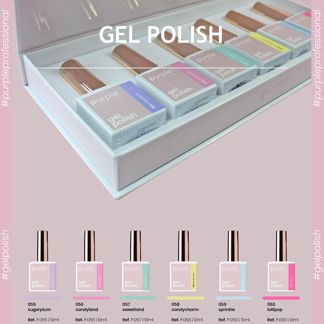 KIT Coleção Purple NRº15 (055 ao 060) - Inclui 3 Ofertas Conjunto de seis vernizes gel Purple Professional com cores pastel numa caixa branca