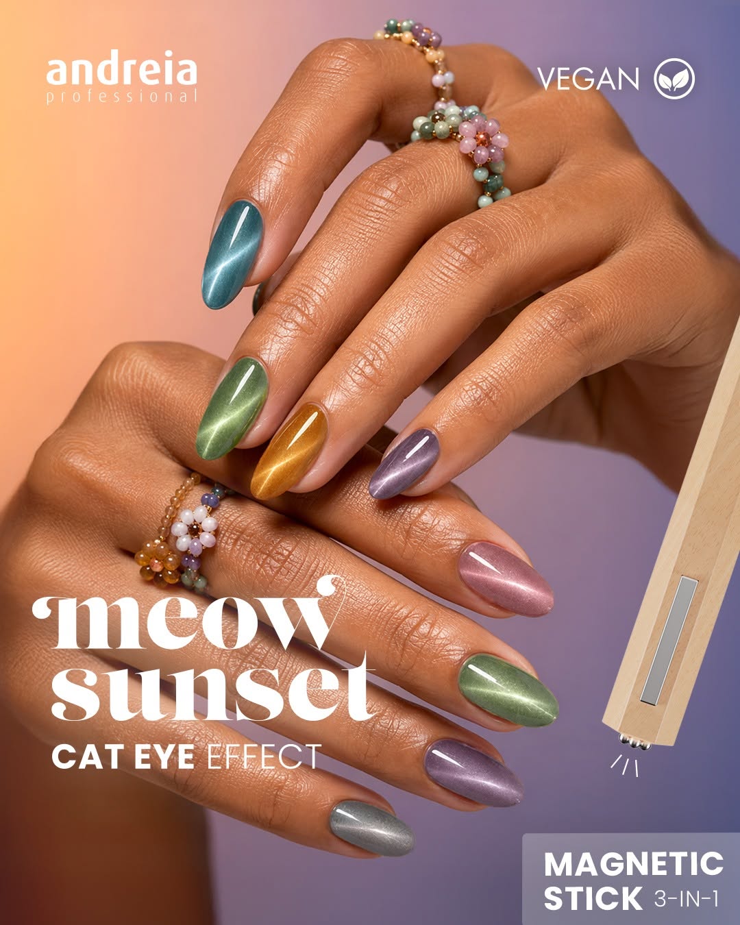 Coleção Andreia CAT EYE EFFECT (MW1 ao MW6) Mãos femininas com unhas coloridas efeito cat eye e texto promocional de verniz de unhas