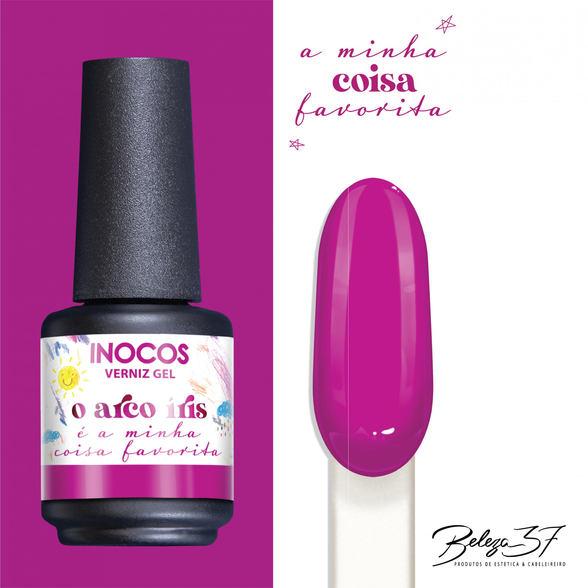 Verniz Gel Inocos – 367 - Arco Íris Frasco de verniz gel rosa da marca INOCOS com amostra da cor e texto promocional