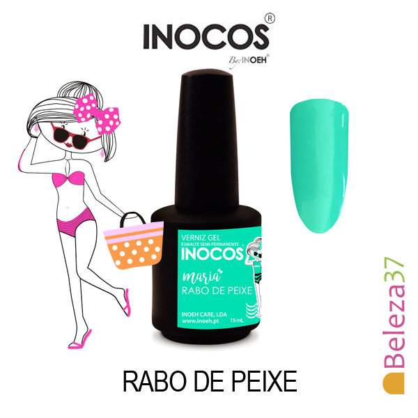 Verniz Gel Inocos 136 - Maria Rabo de Peixe Verniz gel INOCOS Maria Rabo de Peixe verde azulada com amostra da cor