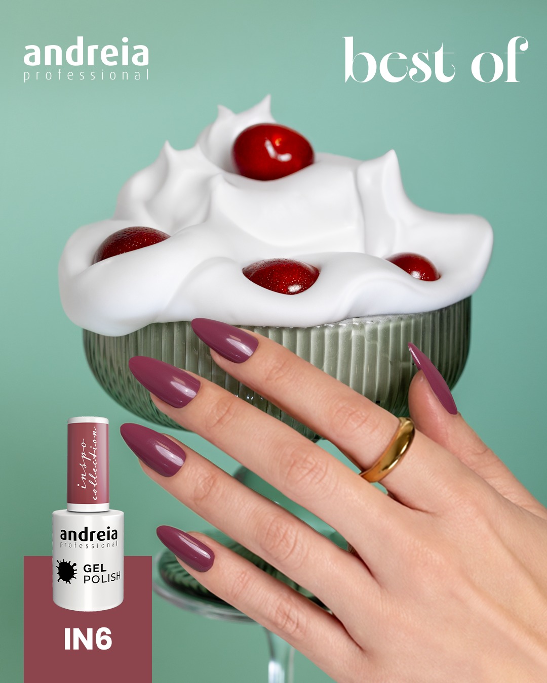 Verniz Gel Andreia IN6 – Rosa Velho Mão com unhas pintadas de verniz gel cor IN6 segurando taça com creme e cerejas