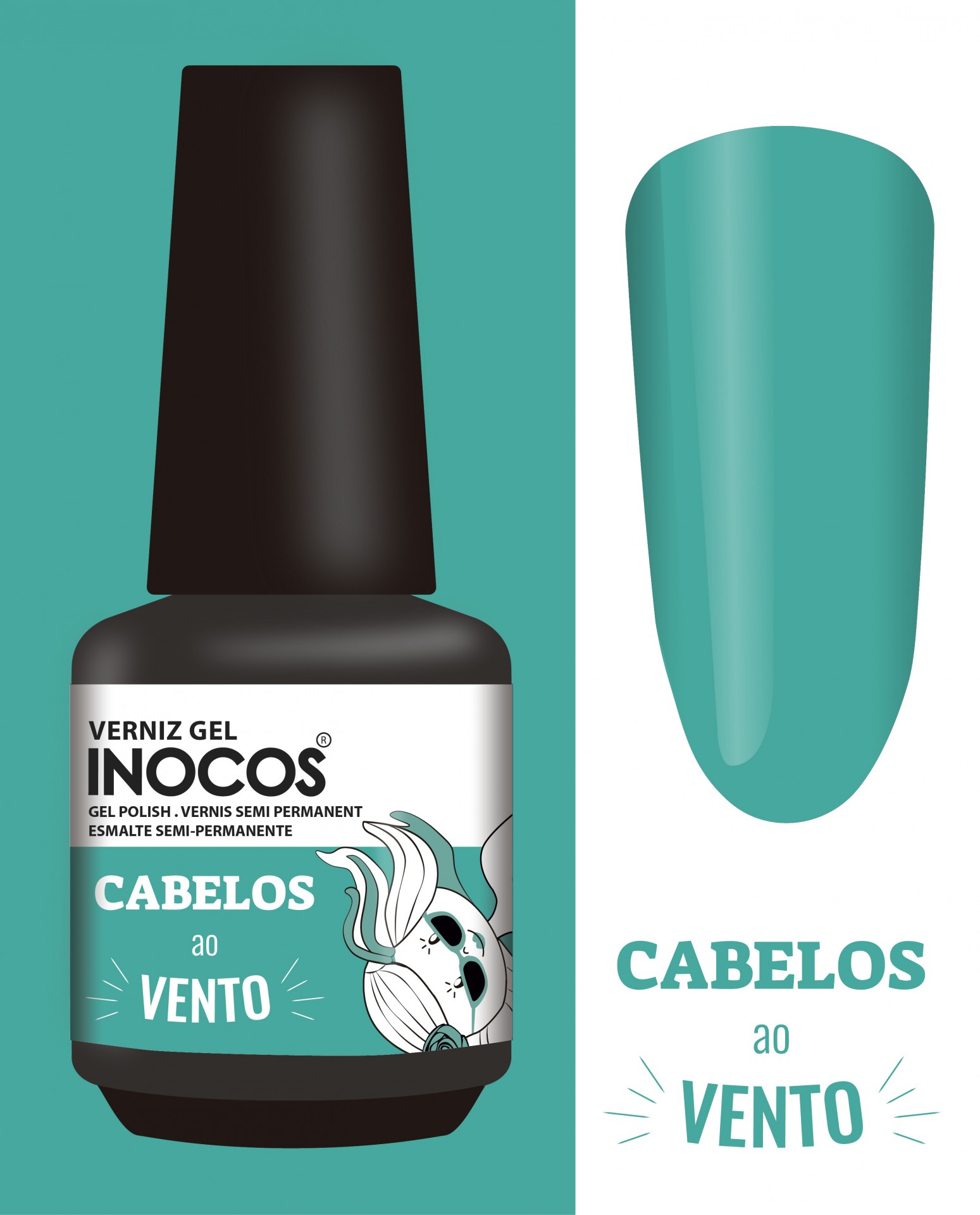 Verniz Gel Inocos – 231 - Cabelos ao Vento Frasco de verniz gel INOCOS azul esverdeado com tampa preta