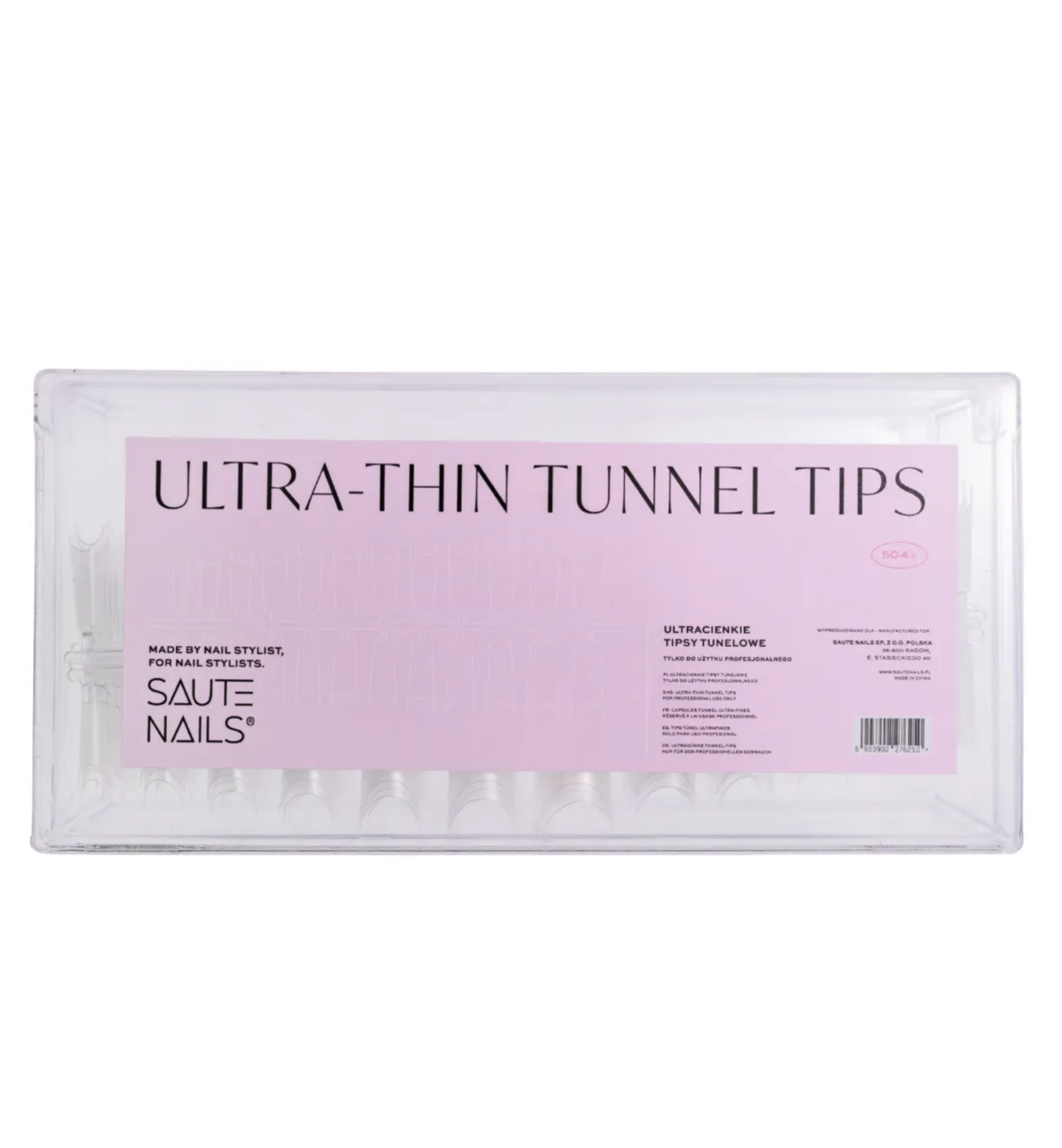 Tunnel Tips Ultra-Finas Saute Nails - 504 unidades Caixa transparente com pontas ultra-finas para unhas e rótulo rosa