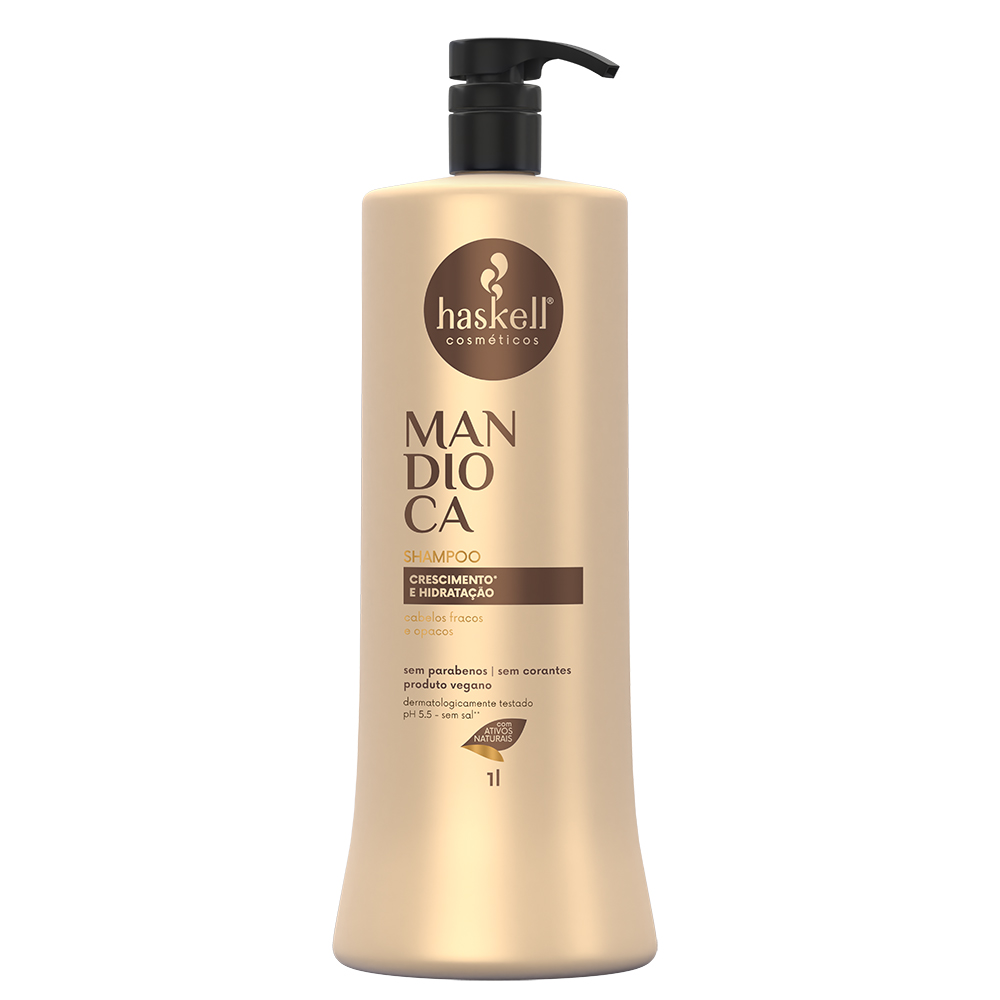Shampoo Mandioca Haskell 1 Litro Frasco bege de shampoo Haskell MandioCA com doseador preto