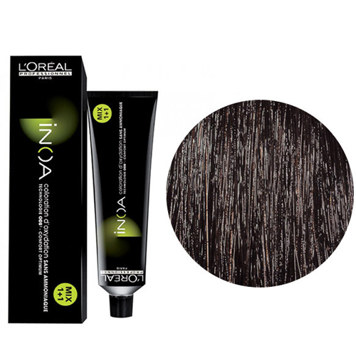 L’Oréal Pro Inoa 2 Tinta capilar L'Oréal Inoa caixa e tubo preto ao lado de amostra de cor castanho escuro