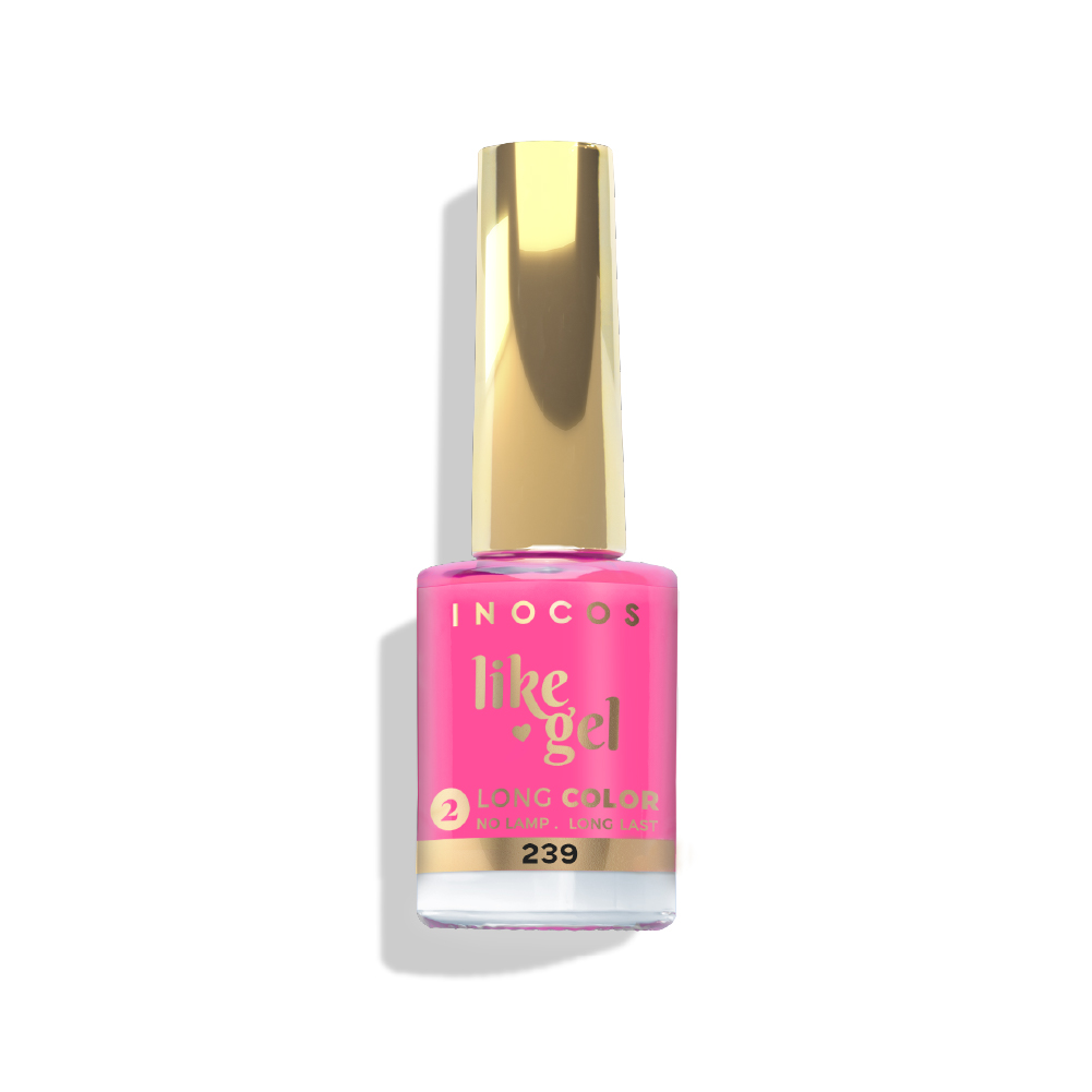 Like Gel INOCOS 239 Rosa Fuchsia Néon Frasco de verniz gel rosa Inocos Like Gel com tampa dourada