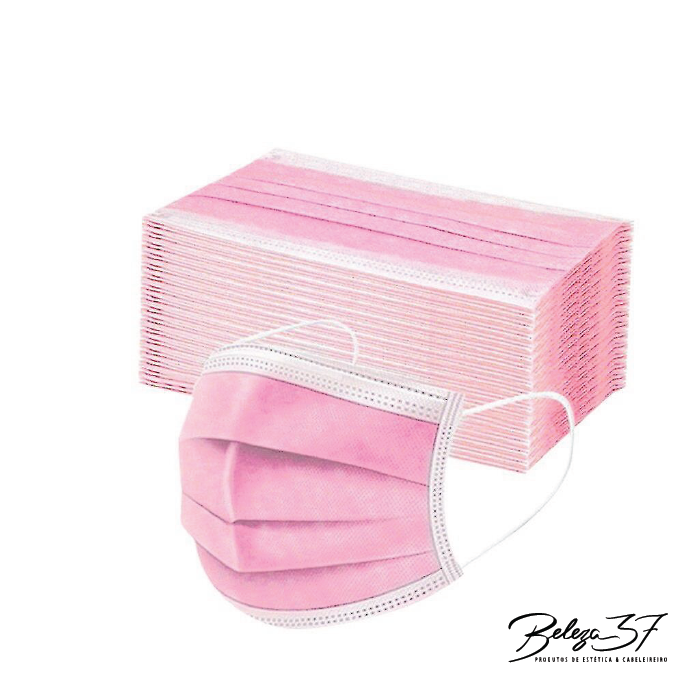 Caixa de 50 Máscaras Cirúrgicas - Rosa Máscaras descartáveis cor-de-rosa empilhadas e uma máscara em primeiro plano