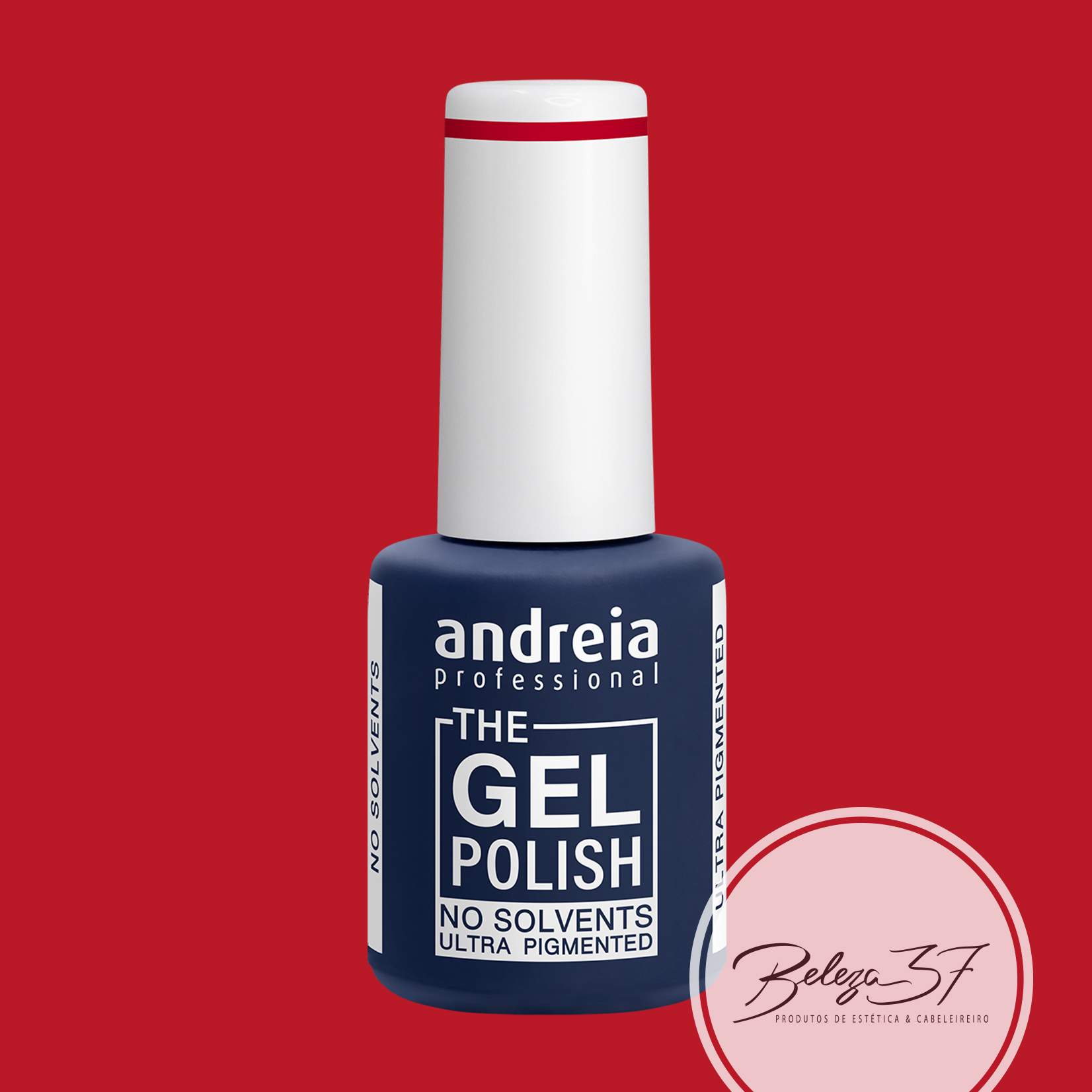 The Gel Polish Andreia G21 Frasco de verniz gel azul Andreia Professional com tampa branca em fundo vermelho e selo rosa.