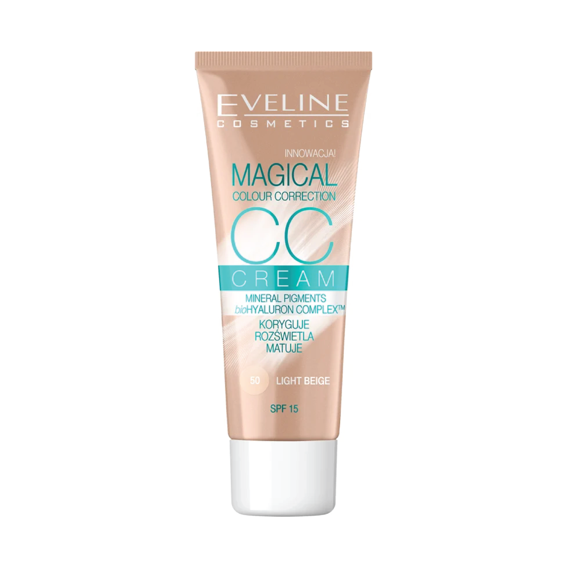 Eveline CC Creme Magical – Magical Colour Correction CC - 50 Light Beige Tubo de creme facial Eveline Cosmetics Magical Colour Correction CC Cream Light Beige
