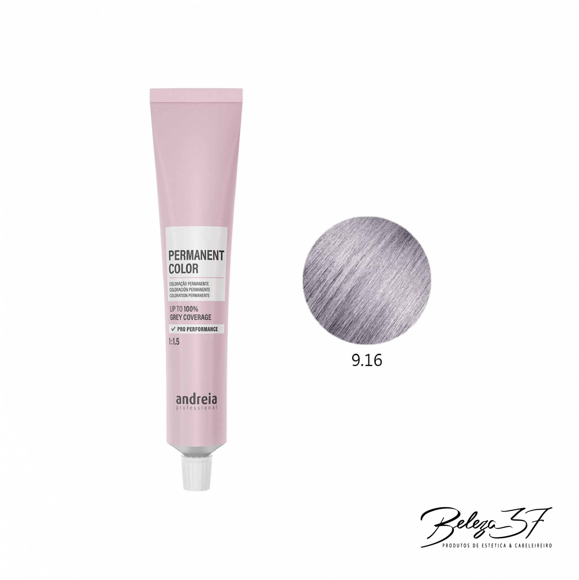 Coloração Permanente Andreia 9.16 Tubo rosa de tinta de cabelo Andreia com código 9.16 em círculo cinza prateado