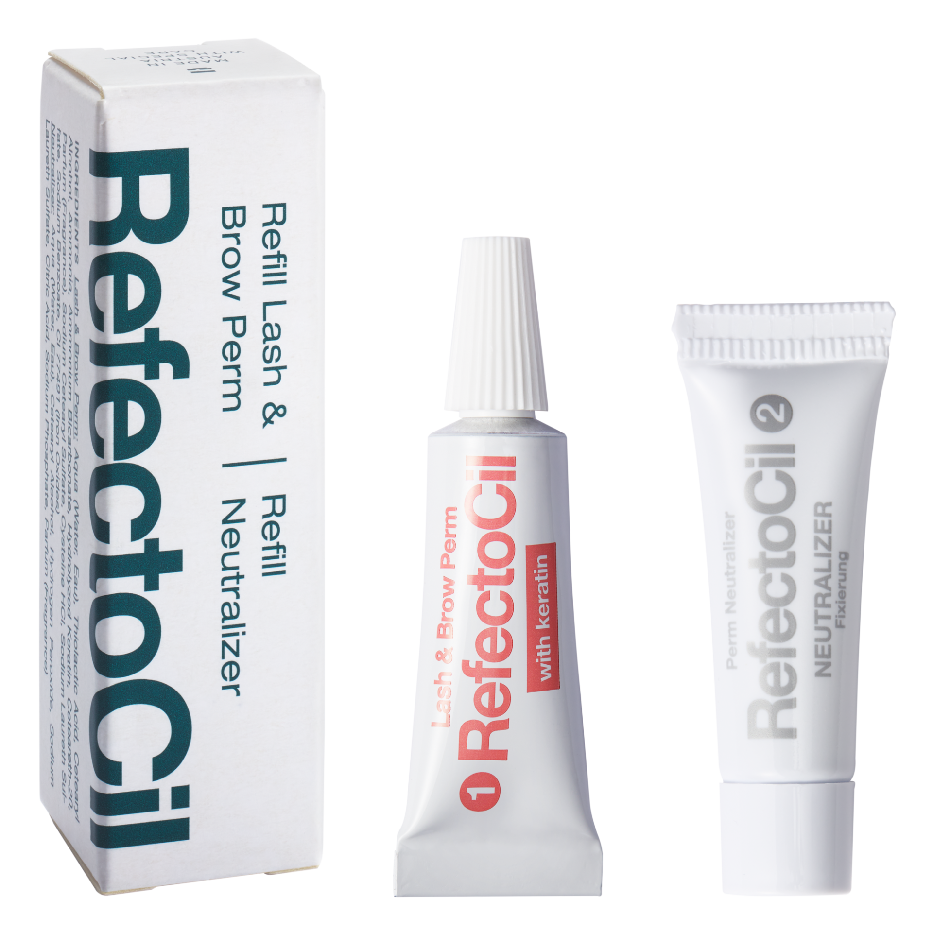 Conjunto RefectoCil com dois tubos de produtos cosméticos e embalagem de papel branca com texto