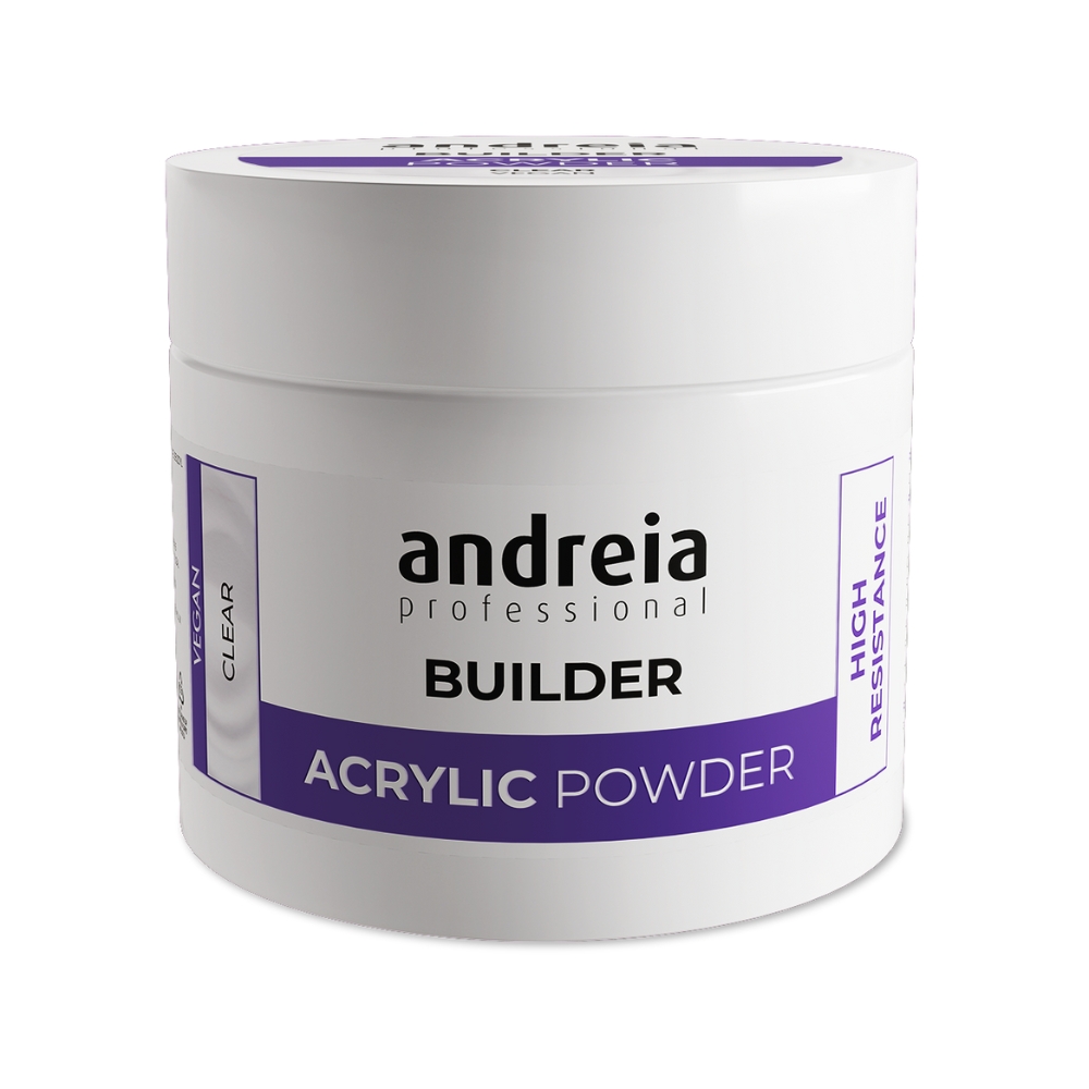 Acrylic Powder Andreia 200g - Clear Frasco branco de acrílico em pó para unhas com rótulo roxo e branco