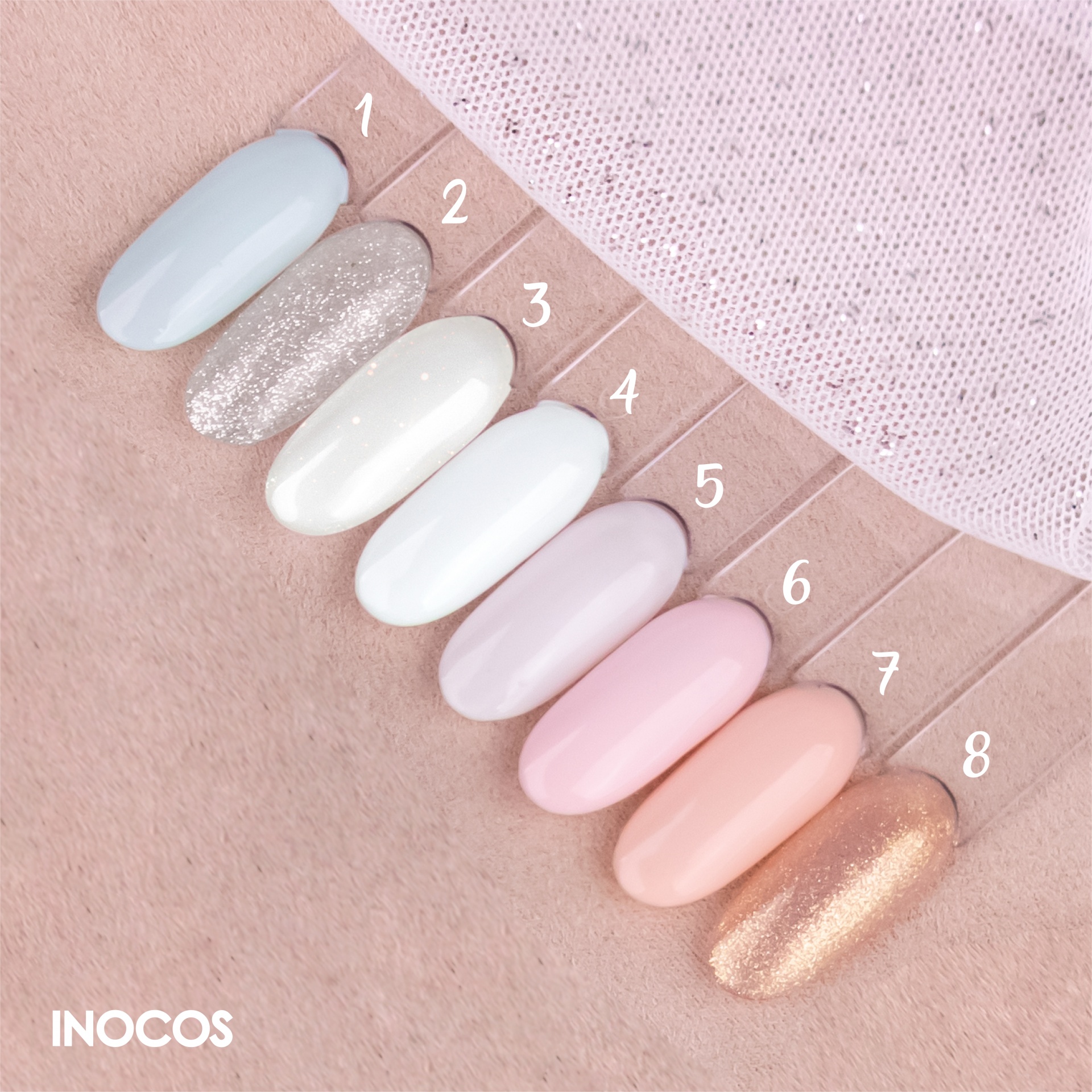 Verniz Gel Inocos – Coleção 8 Cores - Era uma Vez Amostras de verniz de unhas numeradas de azul claro a tons rosa com brilho e textura