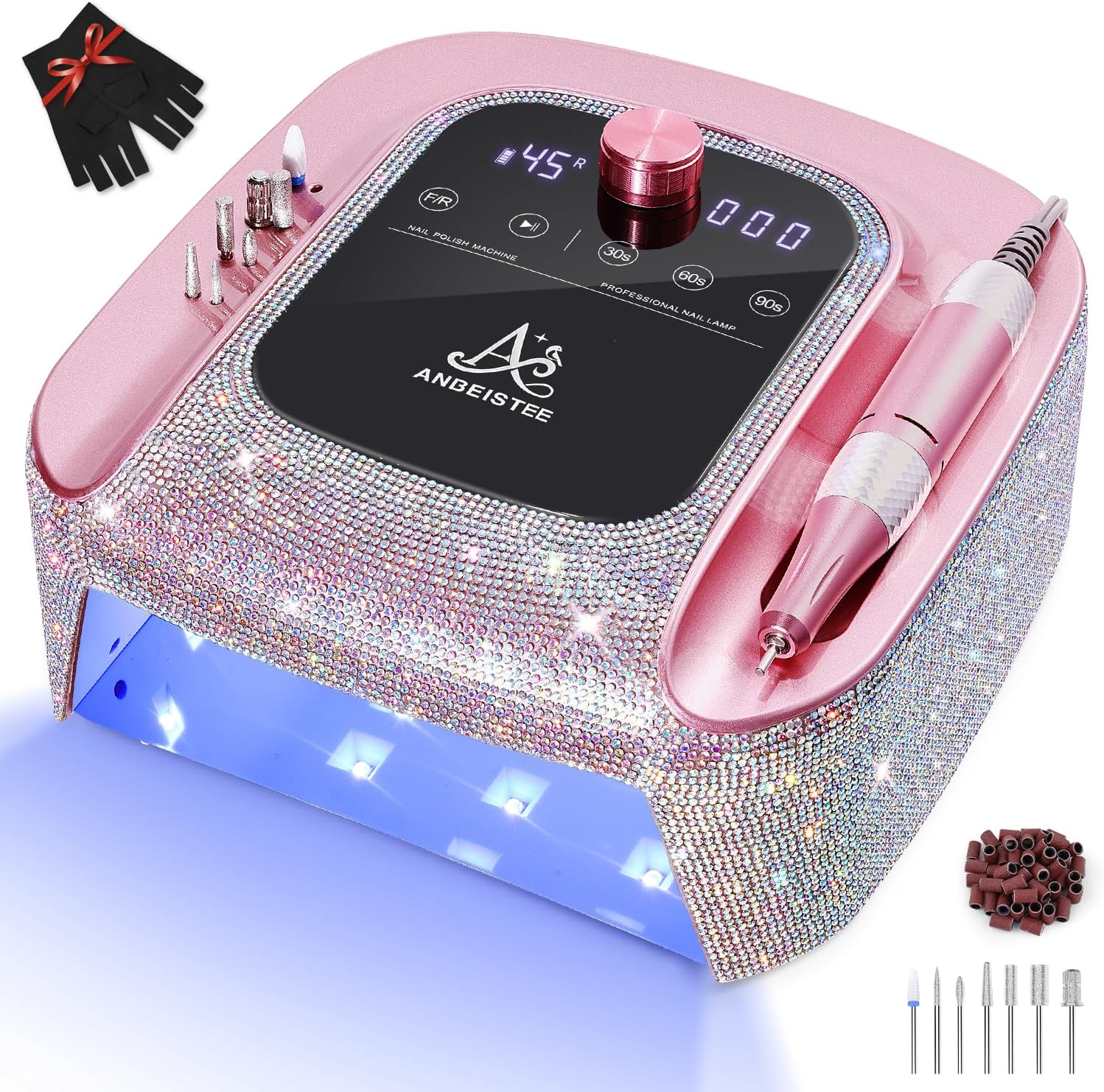 Torno + Catalisador 2 em 1 ANBEISTEE – Profissional e Recarregável com 45.000 RPM Máquina de manicure rosa com cristais, painel digital e acessórios