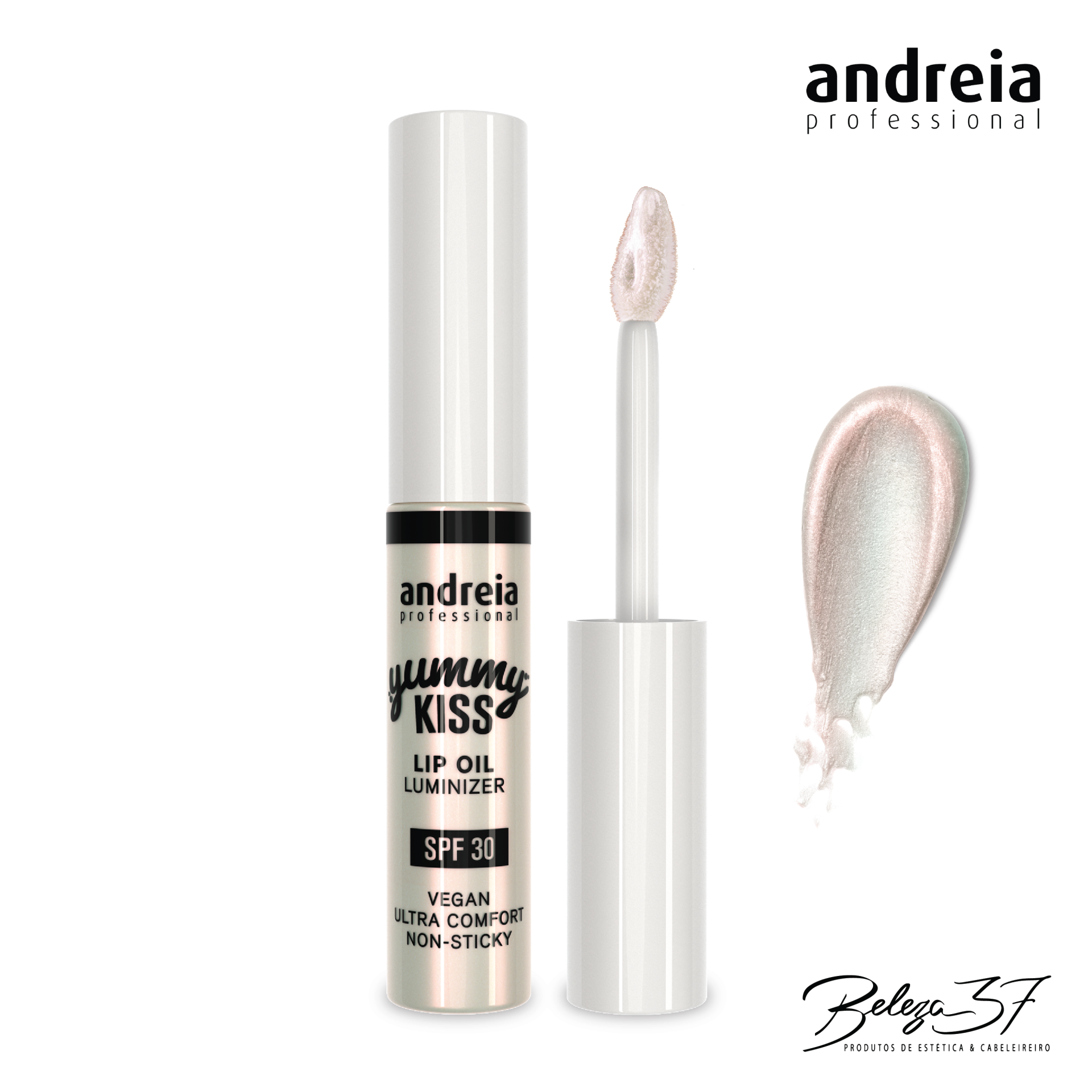 Iluminador para Lábios Andreia Yummy Kiss Lip Oil - 06 Holo Glow óleo para lábios luminoso andreia professional com aplicador e amostra do produto