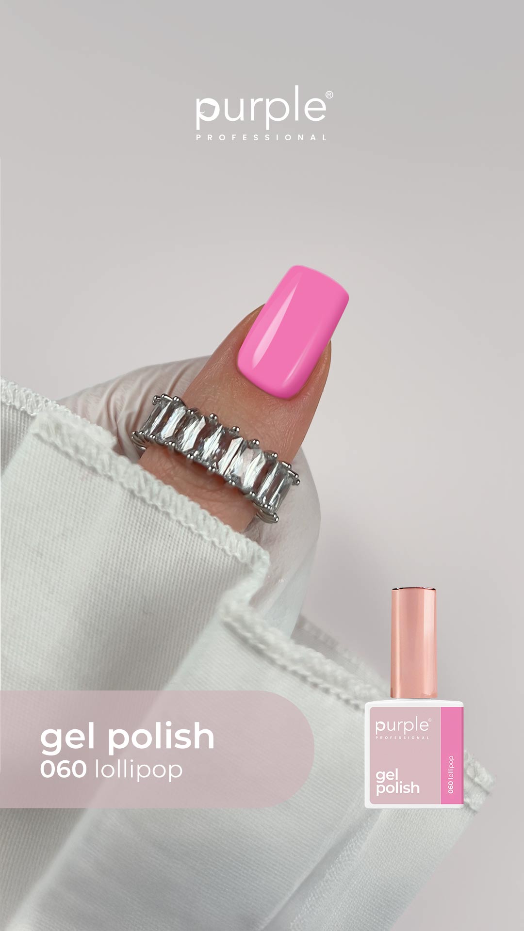 KIT Coleção Purple NRº15 (055 ao 060) - Inclui 3 Ofertas Unha com verniz gel rosa vibrante e anel prateado com pedras, embalagem de verniz ao fundo