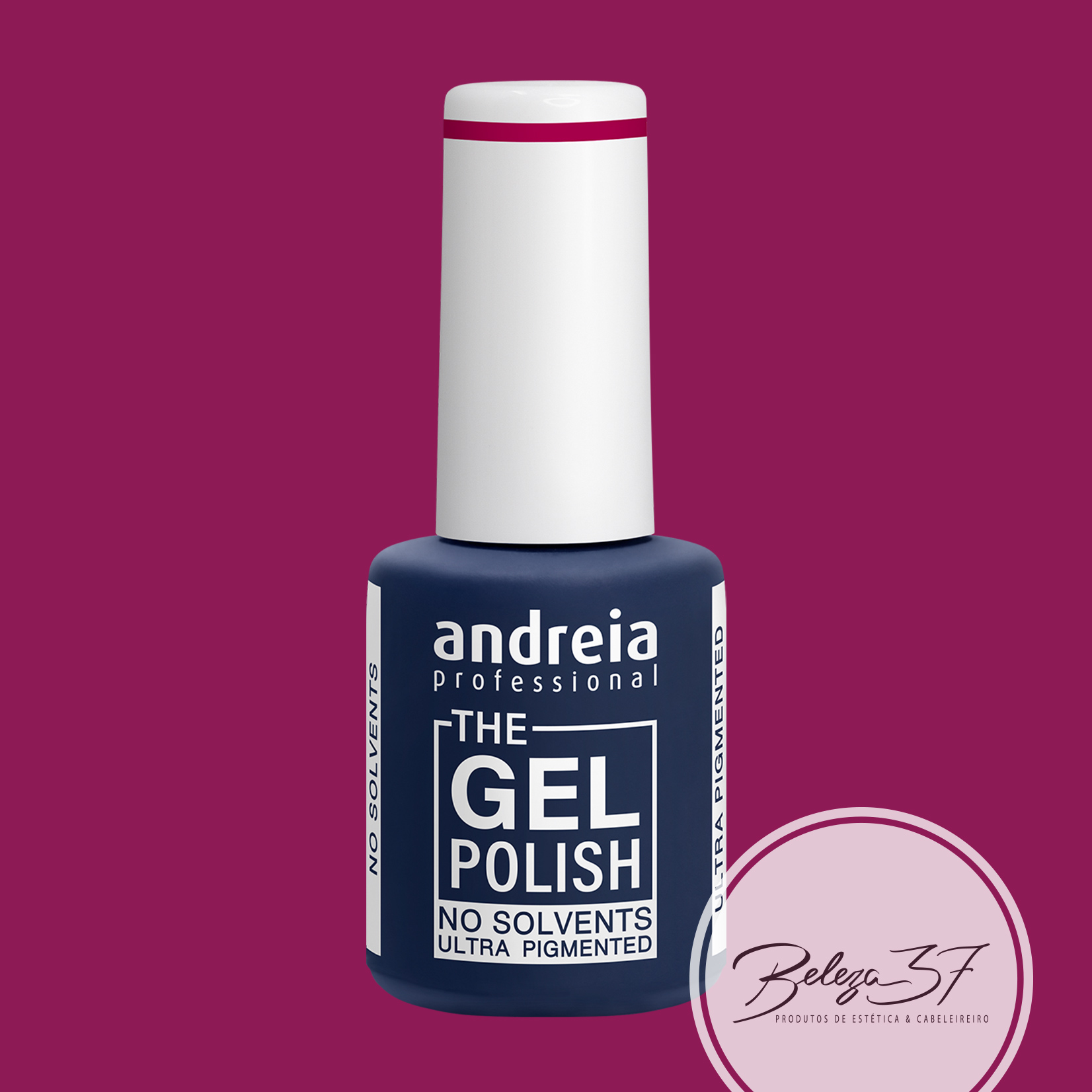 The Gel Polish Andreia G23 Frasco de verniz gel unhas andreia professional THE GEL POLISH em fundo vinho com selo Beleza 3F.