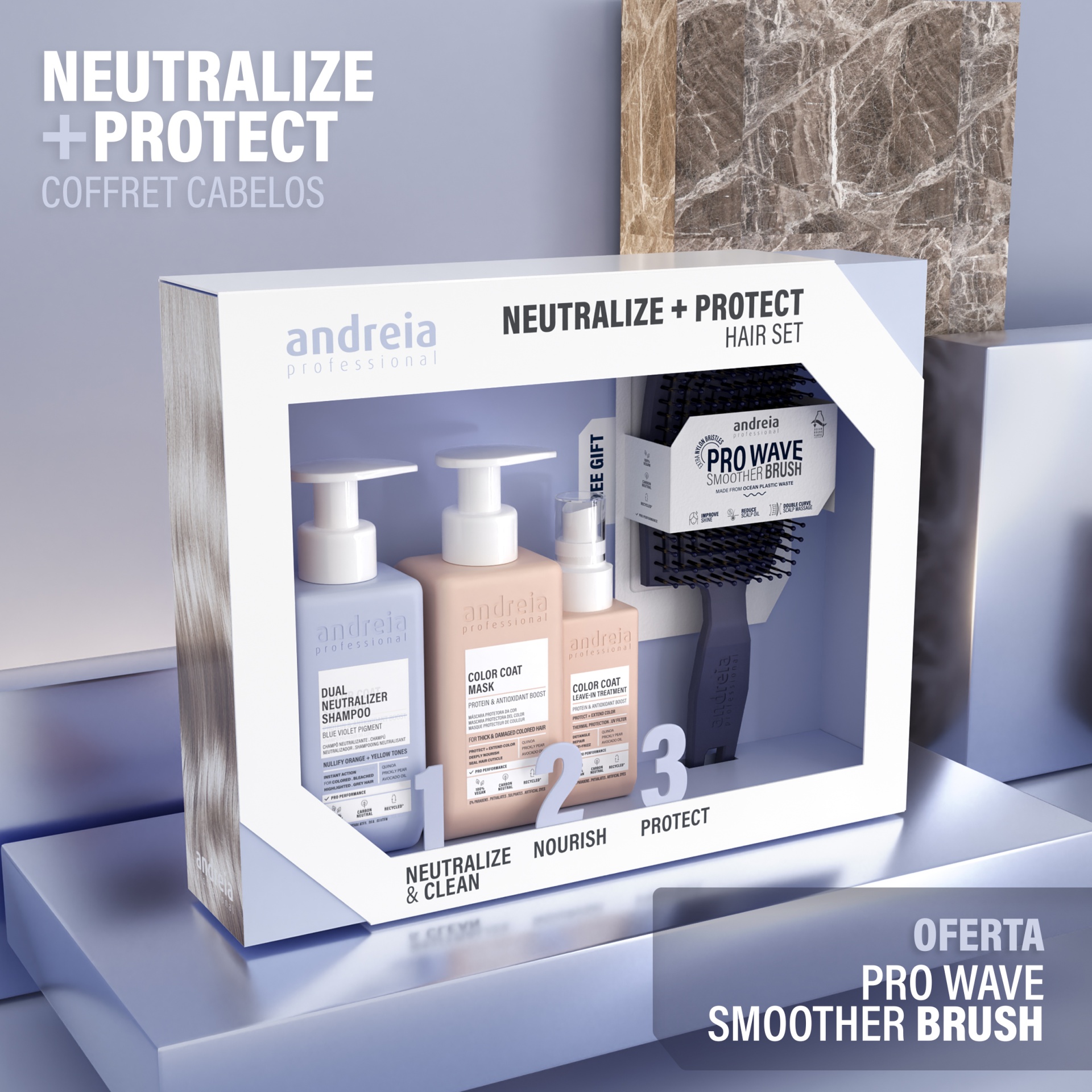Andreia Coffret Neutralize + Protect Set (Oferta de Escova) Conjunto de produtos para cabelo Andreia professional com três frascos e pente em caixa branca