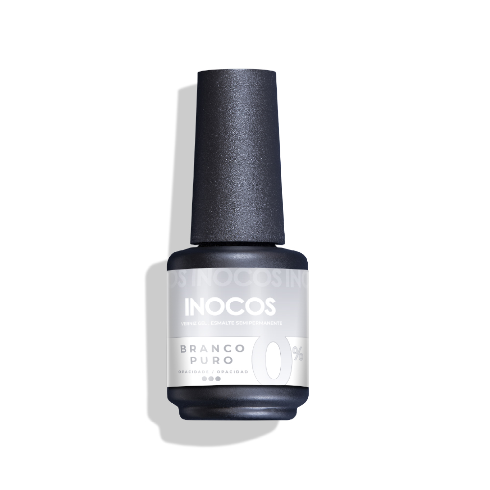 Verniz Gel Inocos – YM1 - Branco Puro 0% Frasco de verniz para unhas branco da marca INOCOS com tampo preto