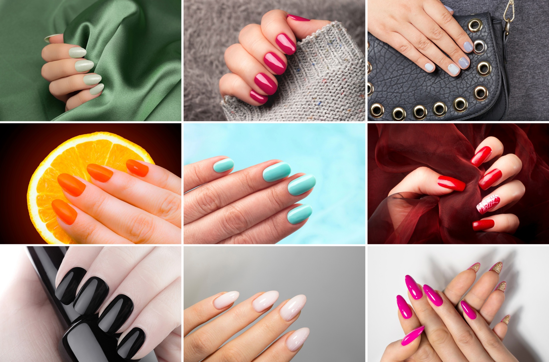 Conjunto de nove imagens de unhas pintadas com várias cores e estilos diferentes