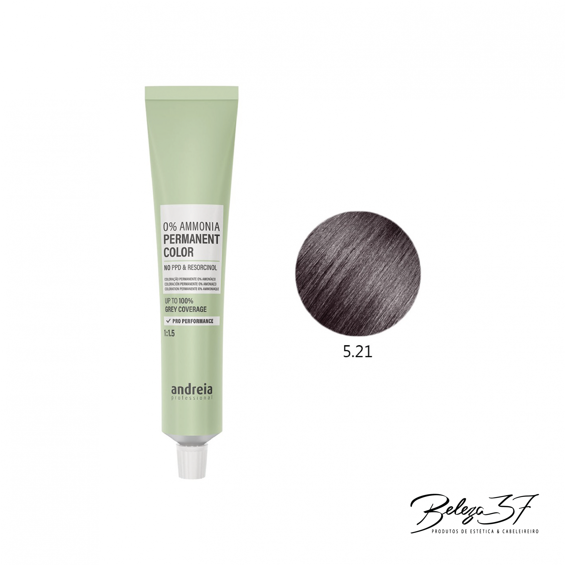 Coloração Permanente Andreia 0% Amoníaco 5.21 Tubo de tinta de cabelo andreia cor 5.21 com amostra da cor castanho acinzentado.