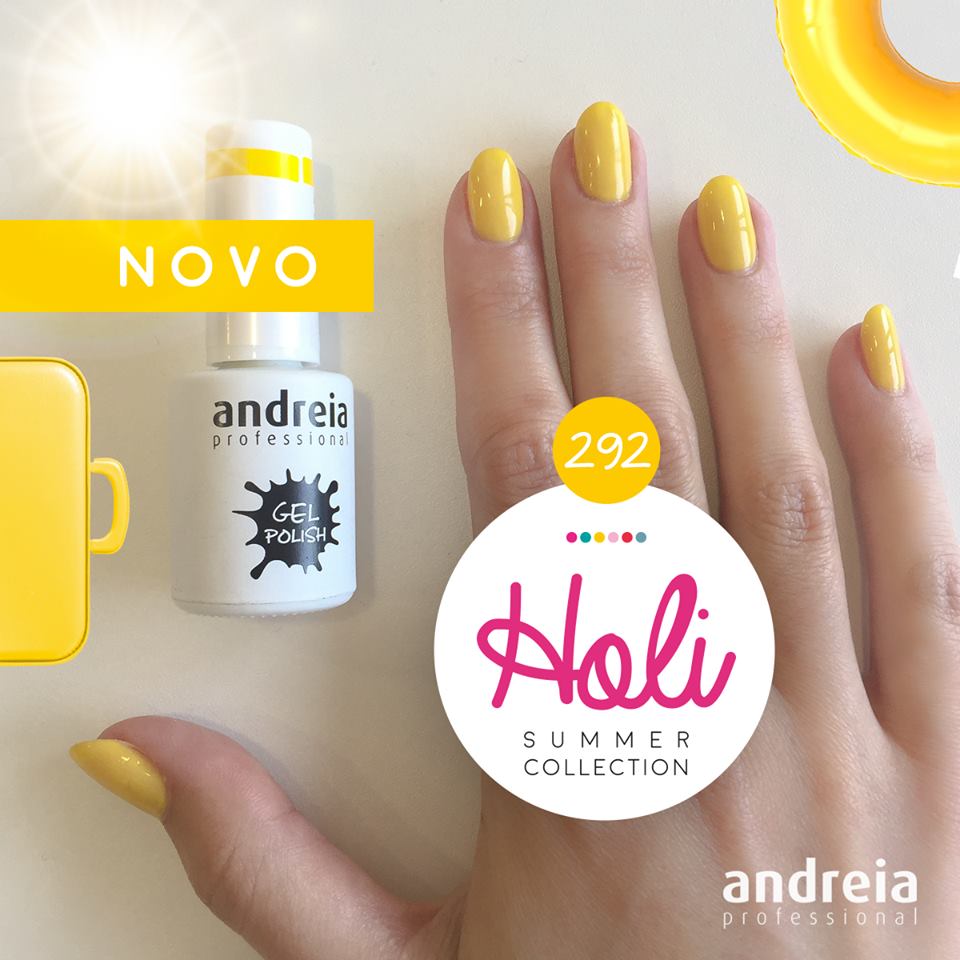 Verniz Gel Andreia 292 (Amarelo Canário) Verniz de gel amarelo Andreia Professional com unhas pintadas à mão.