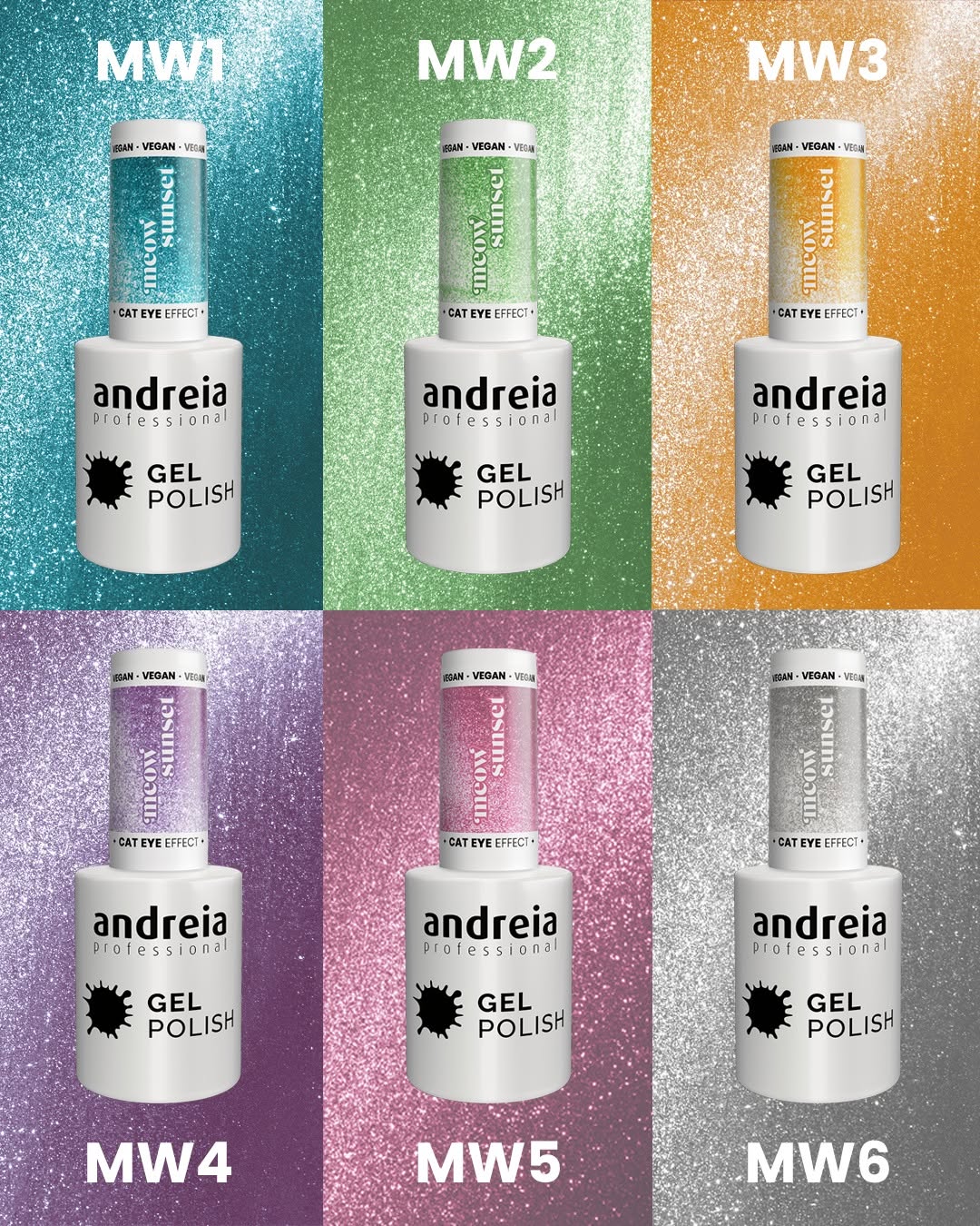 Coleção Andreia CAT EYE EFFECT (MW1 ao MW6) Seis frascos de verniz gel de várias cores com rótulo Andreia Professional e efeito cat eye