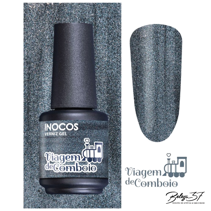Verniz Gel Inocos – 303 - Viagem de Comboio (Cinza Azul Metalizado) Frasco de verniz gel cinza metálico INOCOS Viagem de Comboio com amostra da cor