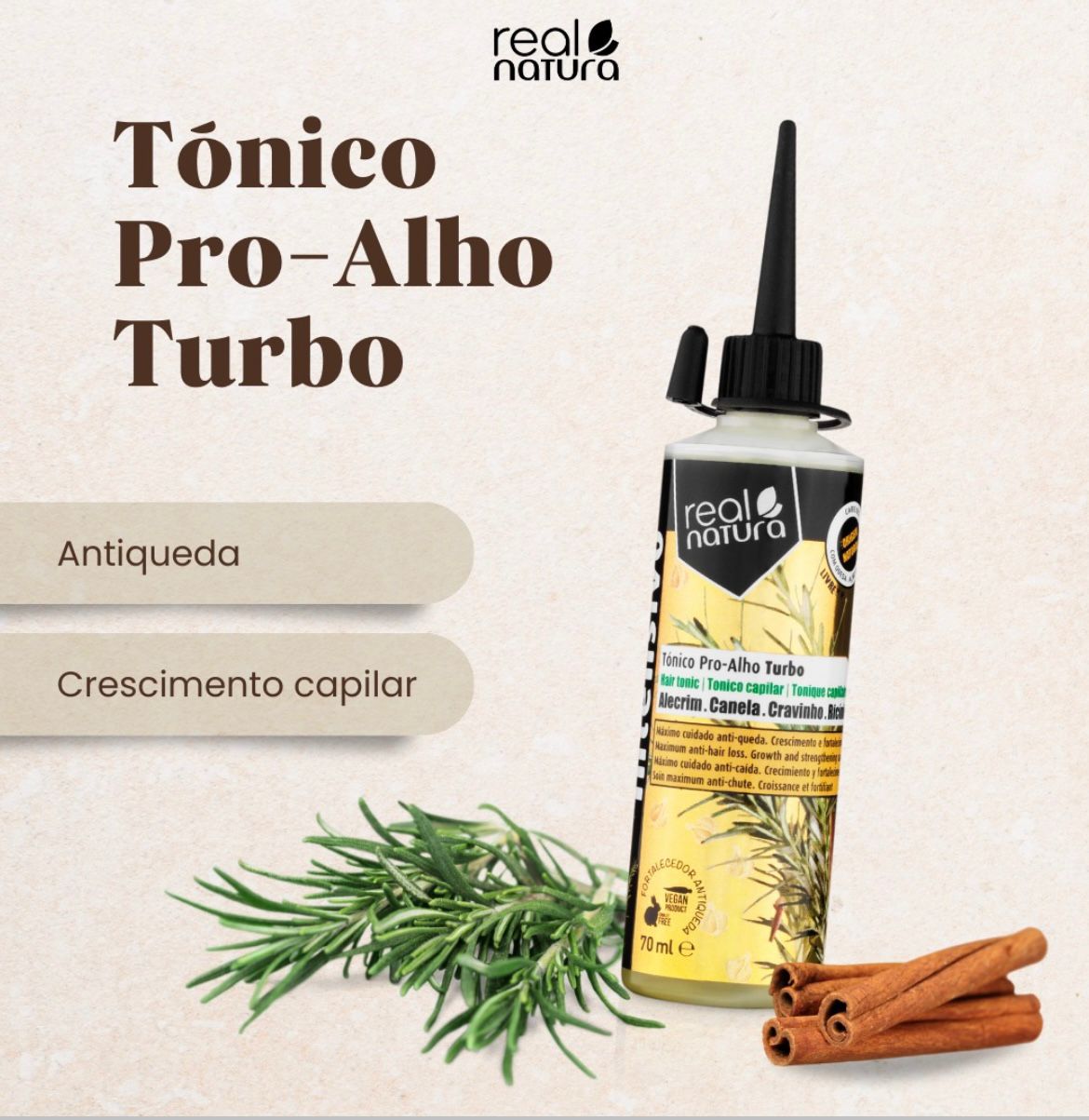 Tónico Pro-Alho Turbo Anti-Queda 70ml - Real Natura Frasco de tónico capilar Real Natura Tónico Pro-Alho Turbo com alecrim e canela