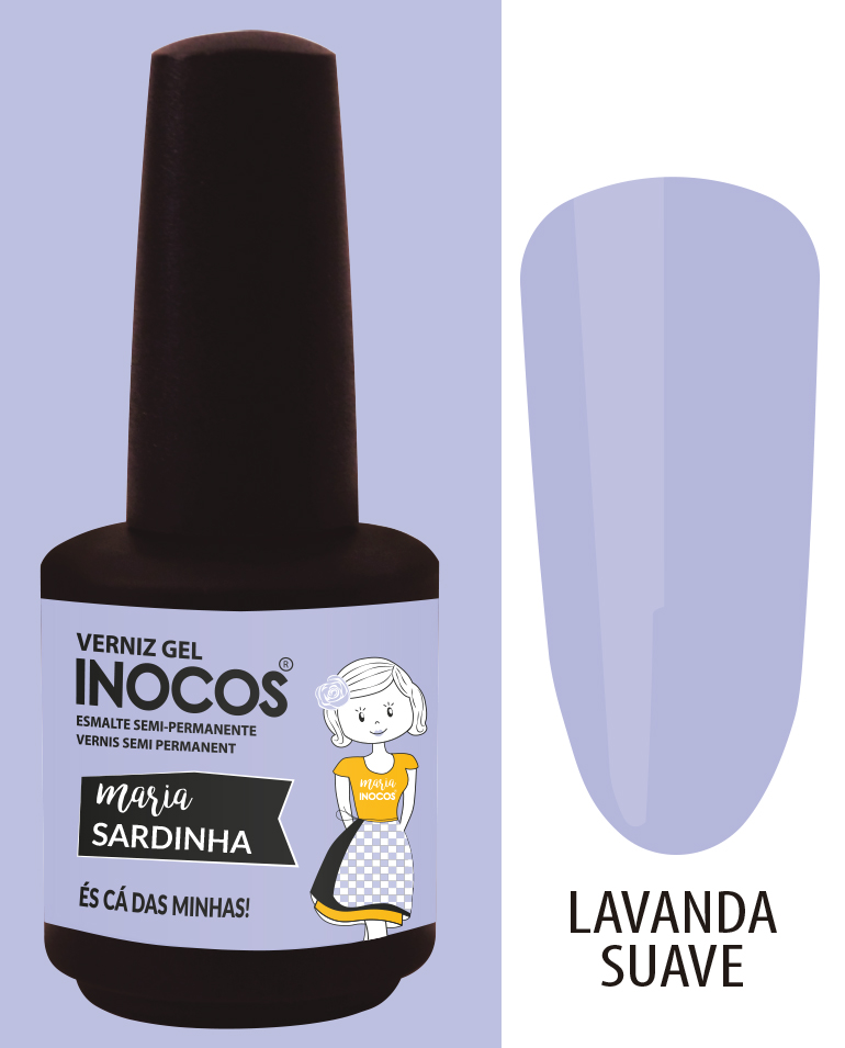 Verniz Gel Inocos 183 - Maria Sardinha (Lavanda Suave) Frasco de verniz gel Inocos lavanda suave com rótulo ilustrado e texto em português